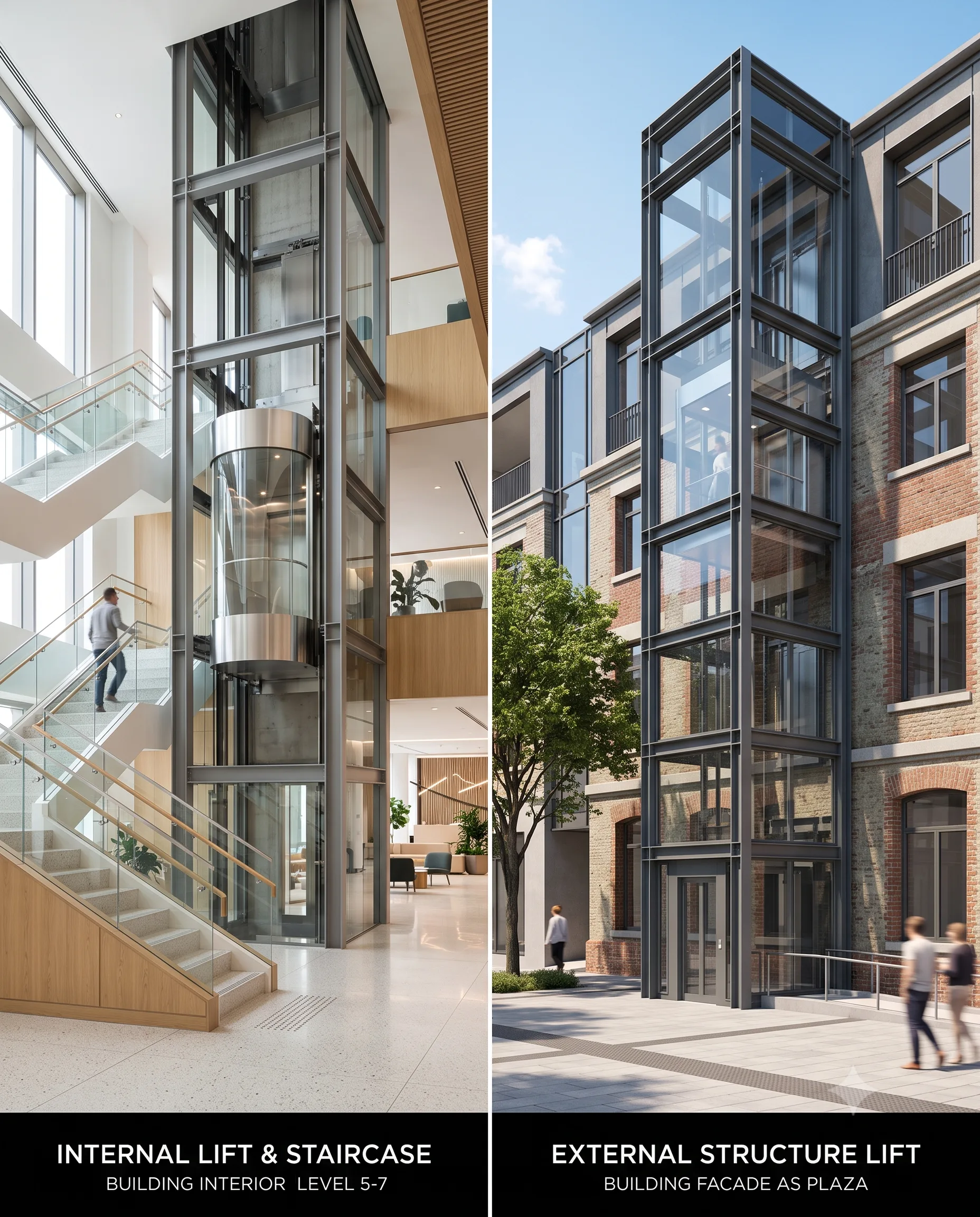 Internal and external structure lift installation